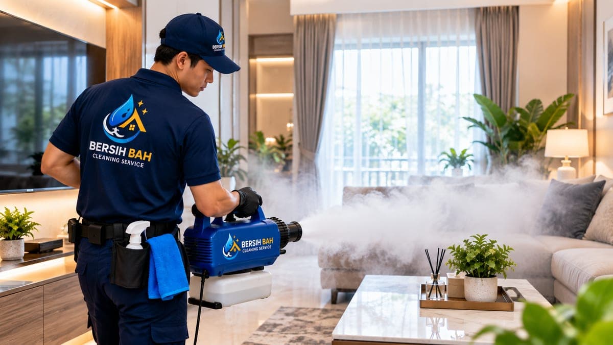 Teknisi Bersih Bah melakukan cool fogging di ruang keluarga