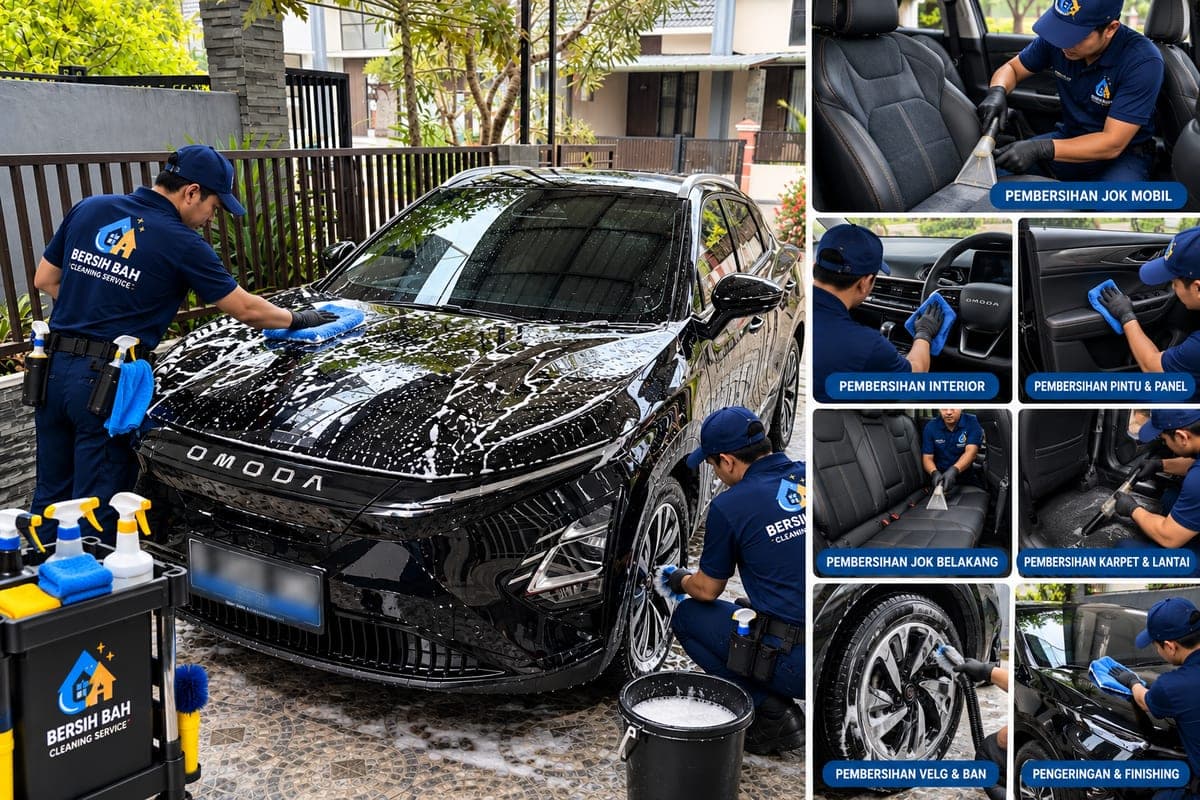 Tim Bersih Bah mencuci mobil hitam dan membersihkan jok, dashboard, serta velg