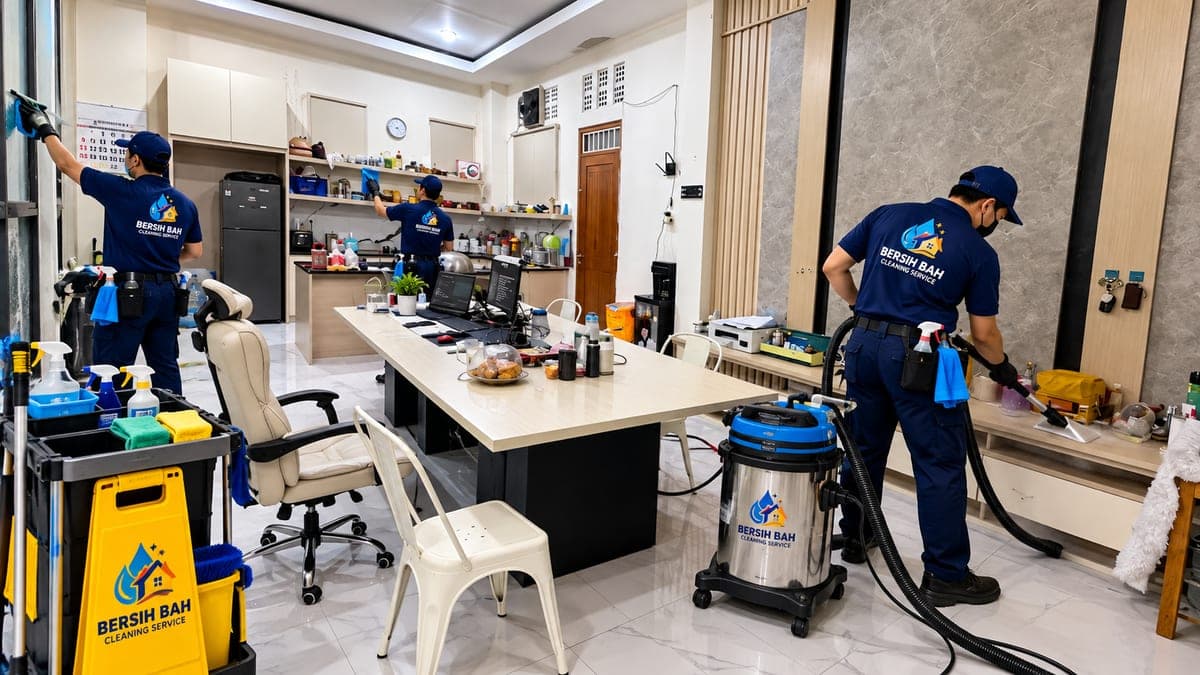 Tim Bersih Bah melakukan deep cleaning ruang kerja dengan vacuum dan cleaning trolley