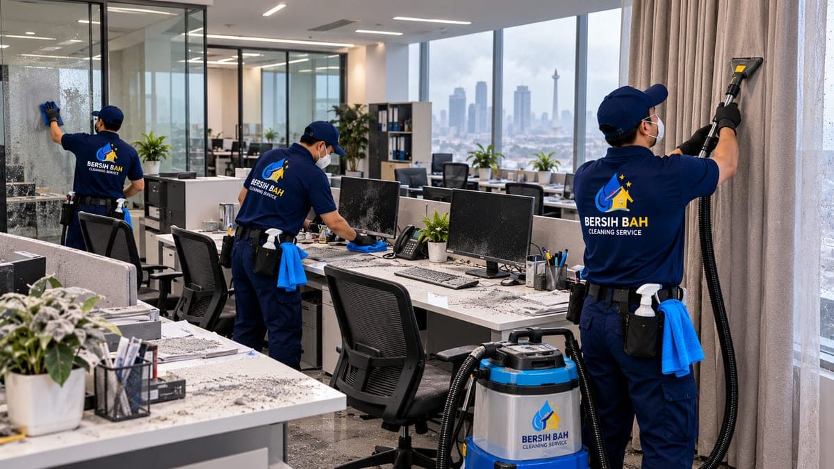 Tim Bersih Bah membersihkan abu vulkanik dari meja kerja dan gorden kantor di Jakarta